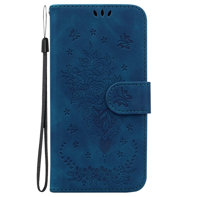 Blue Butterfly Rose Embossed Leather Phone Case for Tecno Pova 5 Pro, showcasing its elegant design and premium quality.